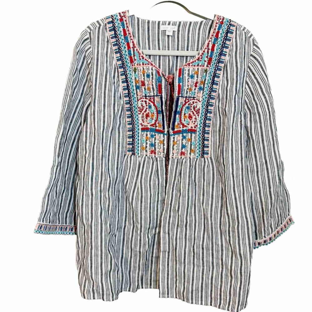 Women's J. Jill Linen Cardigan EUC Open Front Tie Top Jacket L tassel‎